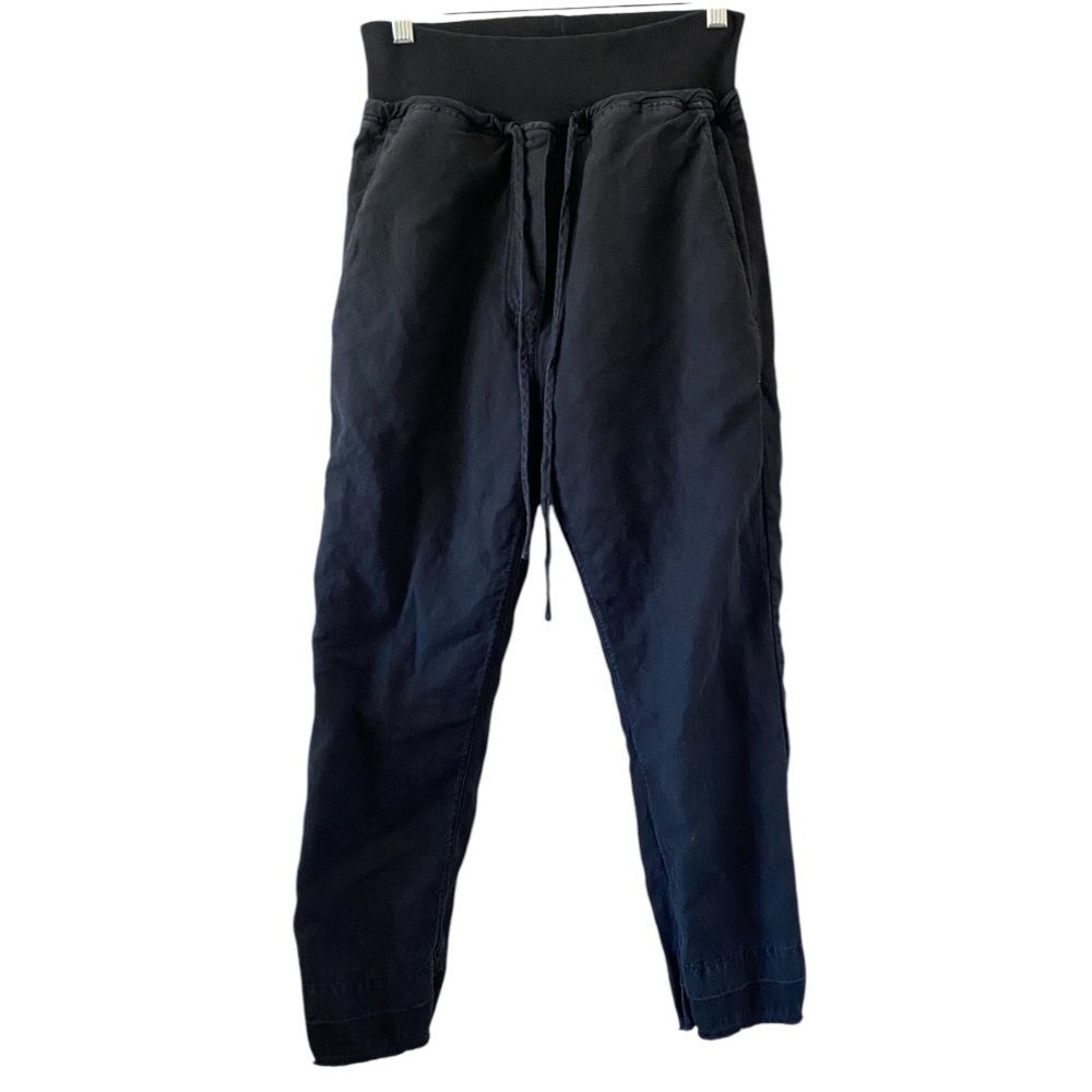KES NYC Black Cotton Linen Elastic Waistband Raw Hem Pants